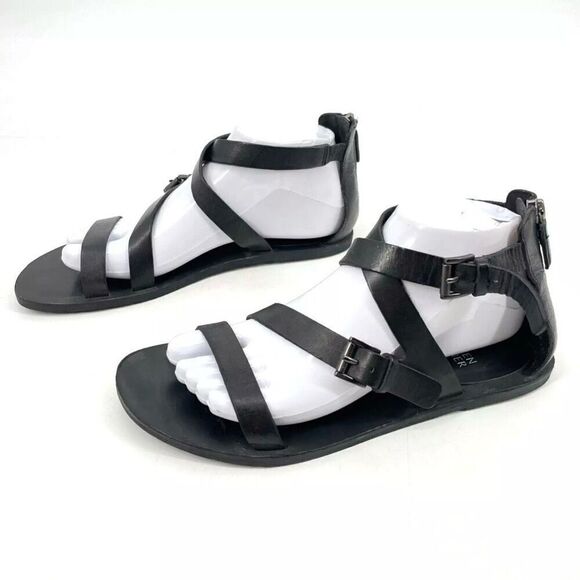 Eileen Fisher Womens Black Leather Gladiator Sandal 8 Strappy Flat Rear Zipper - Picture 1 of 8